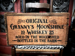 Granny S Moonshine Whiskey Vintage Wood Wooden Empty Crate W Leather Handles Lg