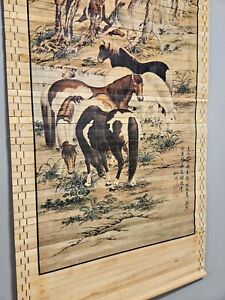 Vintage Japanese Bamboo Scroll Wall Hanging Horses