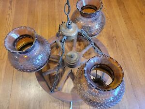 Vintage Wood Nautical Ships Wheel 3 Light Chandelier