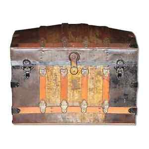 Ships Free Crystalized Gold Dome Top Antique Steamer Trunk Pirate Chest 34 1880