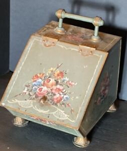 Antique Victorian Tole Coal Scuttle Box Bucket Hand Painted Green Metal Pre War