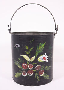 Tole Painted Folk Antique Tin 15 Bucket Bail Pail Floral Tinkert Ireland 1964