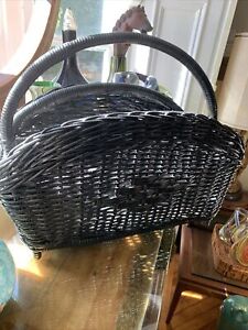 Large Separated Gathering Basket Or Magazine Rack Holder Black Woven Wicker Vtg