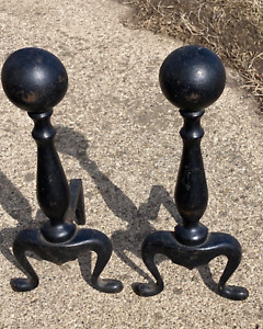 Antique Vintage Cannonball Cast Iron Andirons For Fireplace