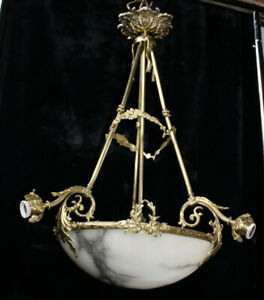 Vintage French Brass Alabaster Bowl Chandelier Lamp 1970