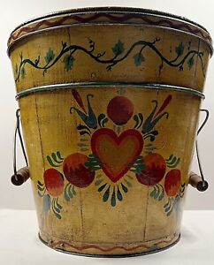 Hand Painted Folk Art Antique Lidded Wooden Bucket