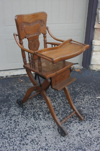 Ornate Antique Tiger Oak Child S High Chair Stroller Carriage W Cane Seat