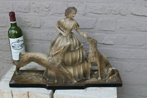 Large Antique French Art Deco Chalkware Lady Borzoi Dogs Statue 1930