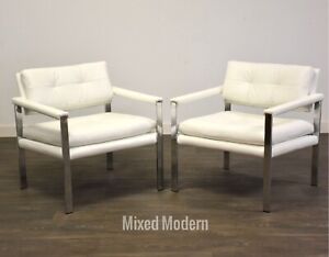 Milo Baughman Style Chrome White Leather Lounge Chairs A Pair