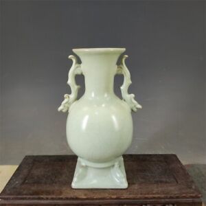 Fine Chinese Old Ru Kiln Celadon Crackle Glaze Porcelain Dragon Ears Vase Mark