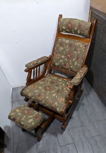 Antique Victorian Oak Wood Platform Spring Rocker Recliner Lounge Chair Footrest
