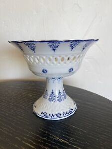 Porcelain Blue White Tall Cut Out Ornate Compote Footed Bowl 10 