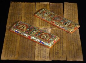 9 Old Tibet Temple Bodhi Wood Inlay Gem Agate Dzi Exorcism Buddha Scripture Book