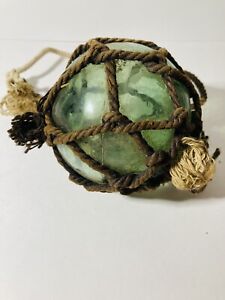 Glass Fishing Float Buoy Ball With Net Green Vintage 4 Japanese Most Likely