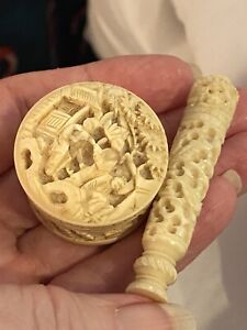 Antique Carved Bone Sewing Tools Needle Case And Round Carved Box Village Scene
