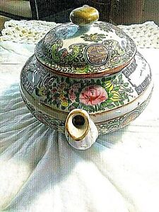 Antique Hand Painted Chinese Porcelain Tea Pot Marked China 