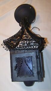 Vintage Arts And Crafts Metal Filligree Ruby Glass Hanging Light Fixture