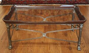 Maitland Smith Regency Style Leather Wrapped Glass Top Cocktail Coffee Table