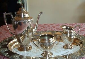 Antique Crescent Silver Plated Mfg Co Coffee Tea Set Pot Sugar Creamer Grapes