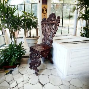 Antique Italian Renaissance Ornate Carved 19th C Walnut Figural Sgabello Chair