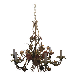 Midcentury Painted Iron And Tole Floral Chandelier