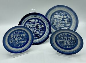 Antique Chinese Blue White Canton Export Plates 4 Pcs J
