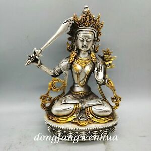 Tibet Silver White Copper Gilt Quan Guan Yin Wenshu Manjushri Goddess Statue