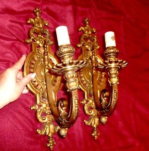 Pair Of Rare Large Antique French Solid Gilded Bronze Brass Sconces 44cm Tall