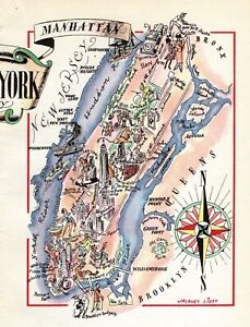 1940s Vintage Manhattan Picture Map Antique New York City Map Wall Art 1564