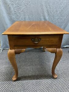 Vintage Broyhill Queen Anne Style Cherry Wood One Drawer Side Table 23h 27x22
