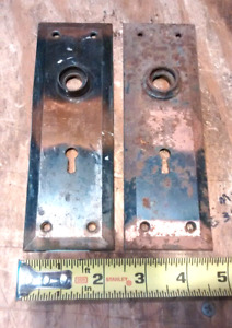 Set 2 Matching Antique Door Knob Back Plates Japanned Copper Vintage