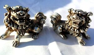 Hot A Pair Chinese Carved Silver Dragon Foo Dogs Statue Tea Pet Decoration Lion