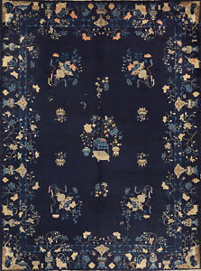 Navy Blue Floral Art Deco Chinese Rug 9x12 Living Room Hand Made Rug Area Carpet