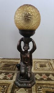 Antique Egyptian Revival Spelter Lamp Art Deco Nouveau Woman Amber Shade 15 