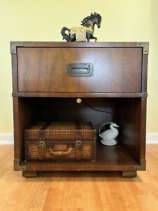 Vintage Henredon Nightstand Walnut Campaign Style Side End Table W Electric Set