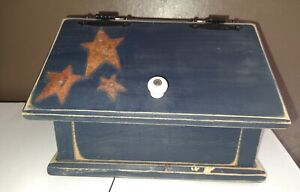 Primitive Wood Recipe Box Blue With Stars Distressed