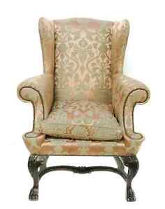 Baker Irish Mahogany Wing Chair Silk Damask Fabric Highly Carved With Paw Feet