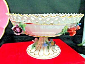 Dresden Large Footed Center Piece Bowl Dresden Flowers Raised Floral Bowl German