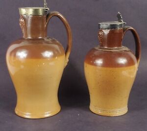 Pair Earthenware Jugs Matched Graduated Claret Pitcher Wine Stoneware Silver Lid
