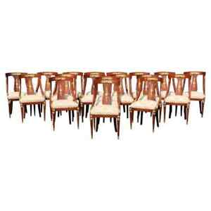 Set 16 Maison Krieger Attributed French Empire Burled Walnut Dining Chairs For