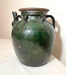 Antique Handmade Chinese 18th Century Pottery Terracotta Green Glaze Wine Jug