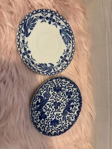 Vintage Japanese 5 1 2 Blue And White Phoenix Bird And Flowers Plate 2 Pcs