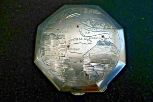Vintage Antique Sterling Silver Powder Compact W Mirror Etched Map India Rubies