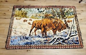Vintage Large Velvet Tapestry Buffalo Wildlife Winter Scene 70 X 46 