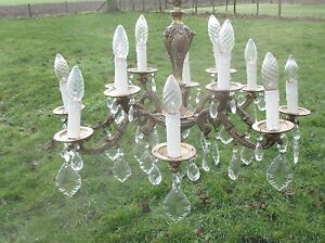 Vintage French Empire Style Chandelier Lamp Prisms Brass 8 Arm 12 Lights