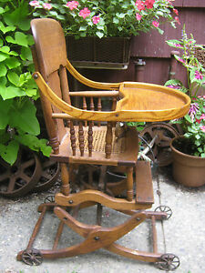 Antique Primitive Usa Wicker Baby High Chair Rocker Stroller Cast Iron Toy Wheel