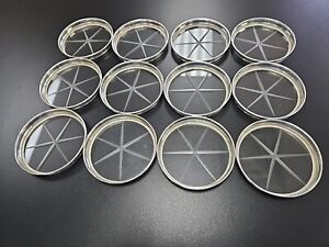 12 Vintage Sterling Wine Coaster Pierced Silver Etched Star Pattern Glass