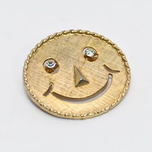 Smiley Face Brooch Pin With Rhinestone Eyes Gold Tone Vintage