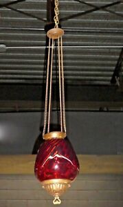 Antique Victorian Pull Down Oil Burning Lamp Cranberry Swirl Glass Shade 1840