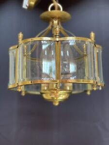 Vintage Colonial Brass Lantern Beveled Curved Glass 3 Light 10 Hall Light